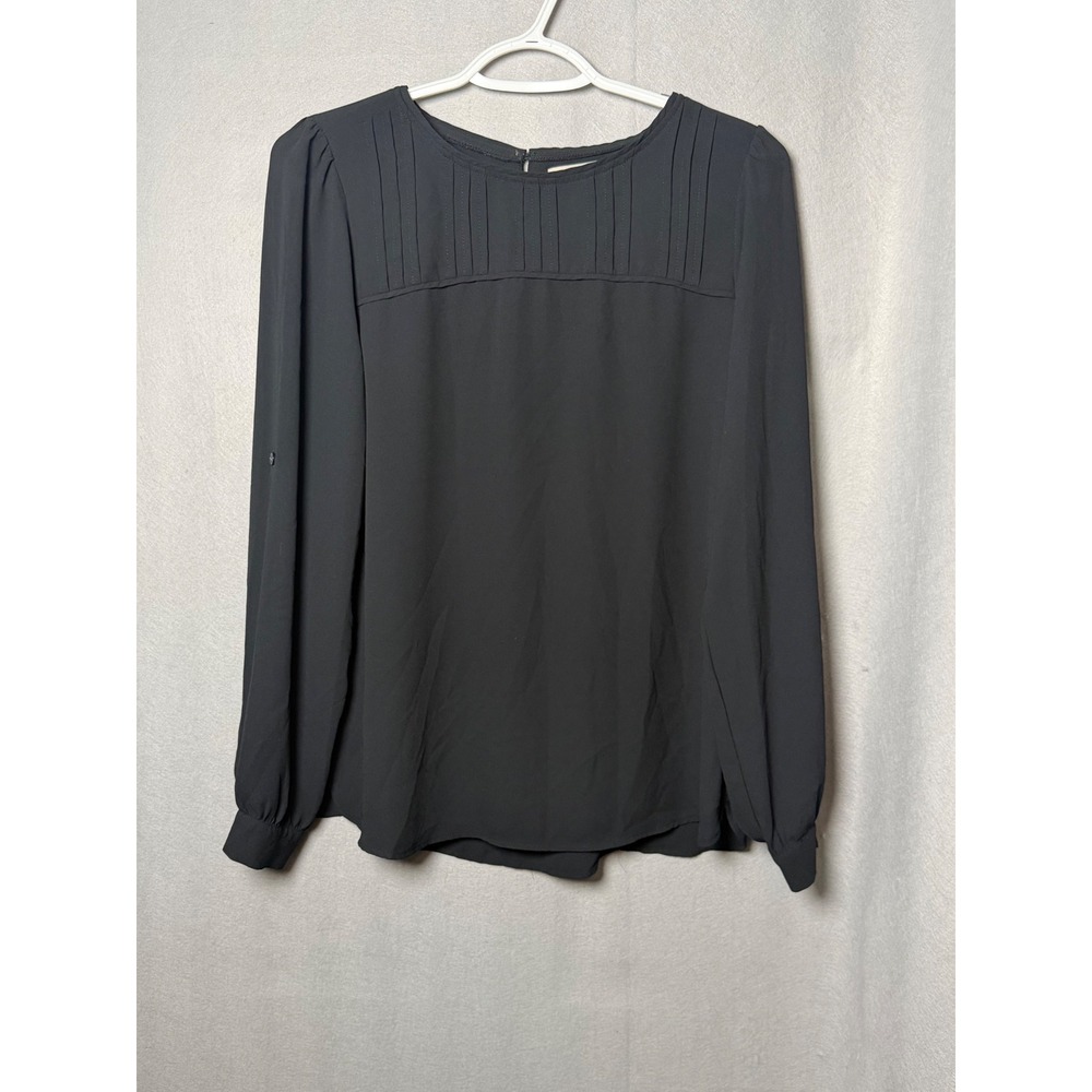 LOFT Womens Small Black Pleated Yoke Long Sleeve Roll Tab Blouse 477582